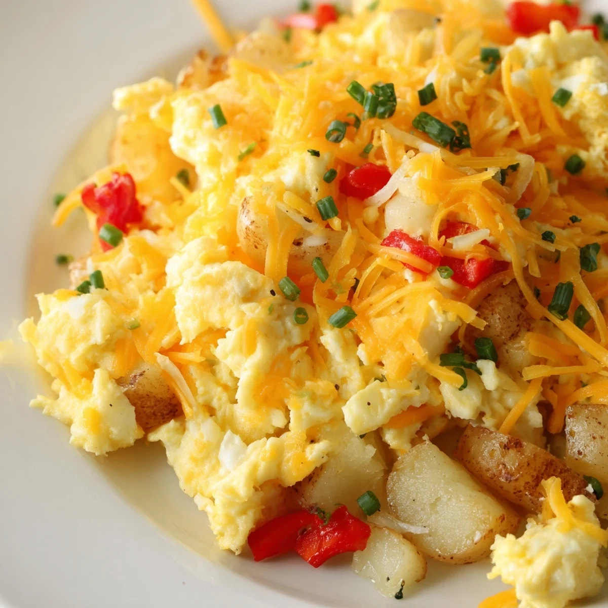 Hearty cheesy potato egg scramble featuring golden brown potatoes and gooey melted cheddar cheese