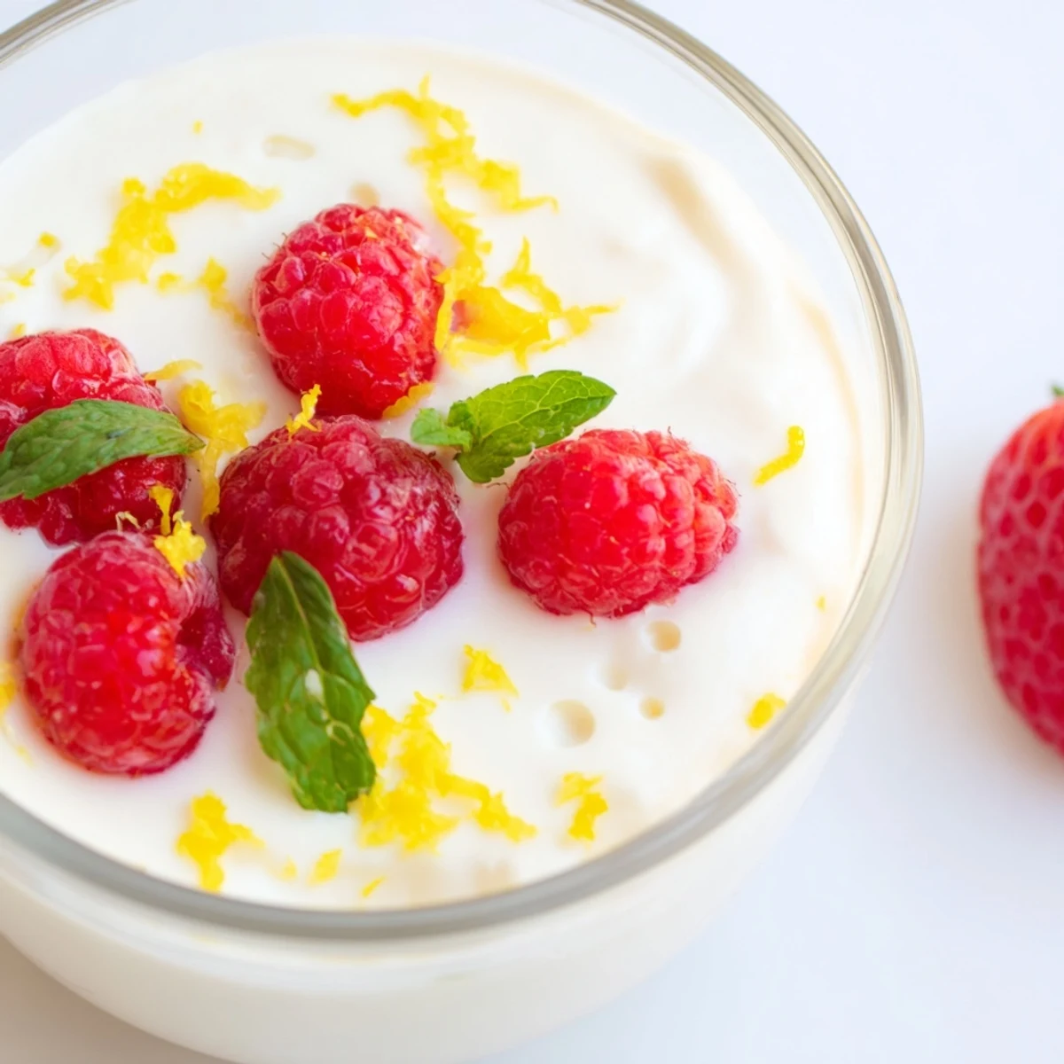 Creamy no bake lemon mascarpone mousse topped with fresh berries and mint in glass