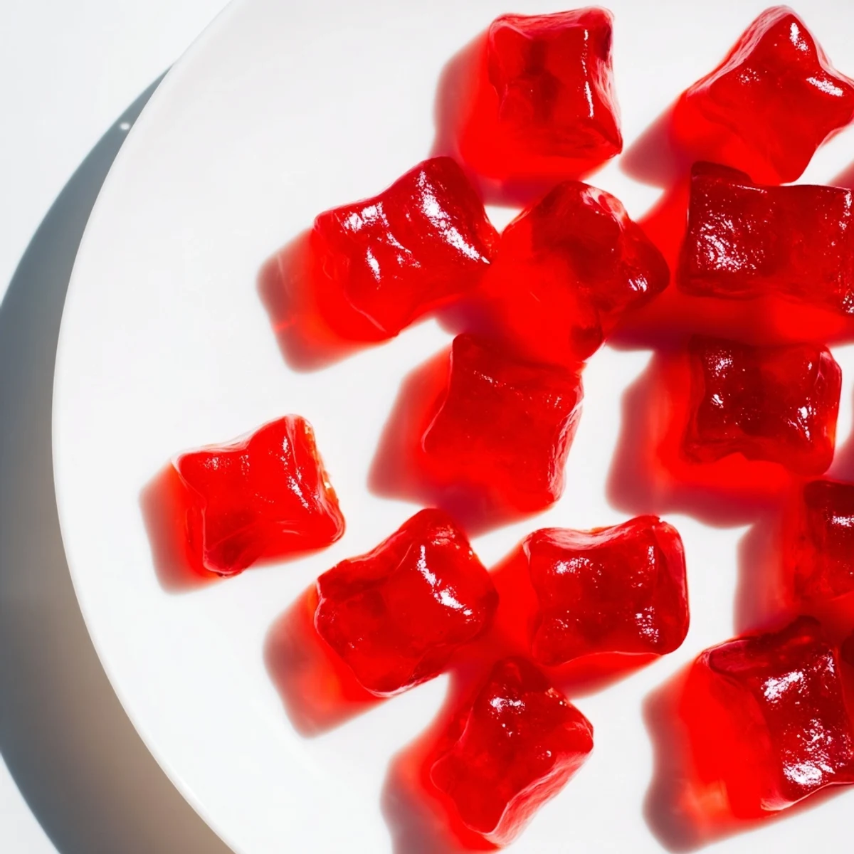 Chewy homemade strawberry gummies arranged on a white plate with fresh strawberry halves