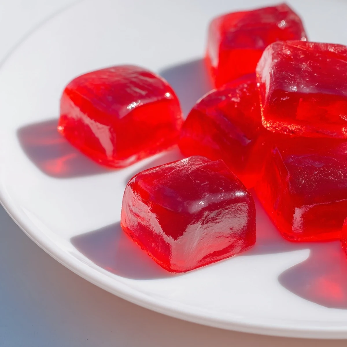 Heart-shaped homemade strawberry gummies glistening with natural fruit juices on a marble serving board