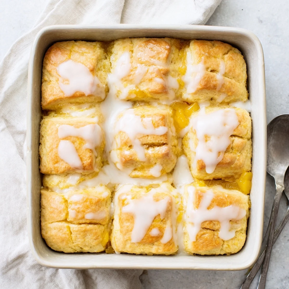 Golden peach butter swim biscuits topped with creamy vanilla glaze on a rustic wooden board