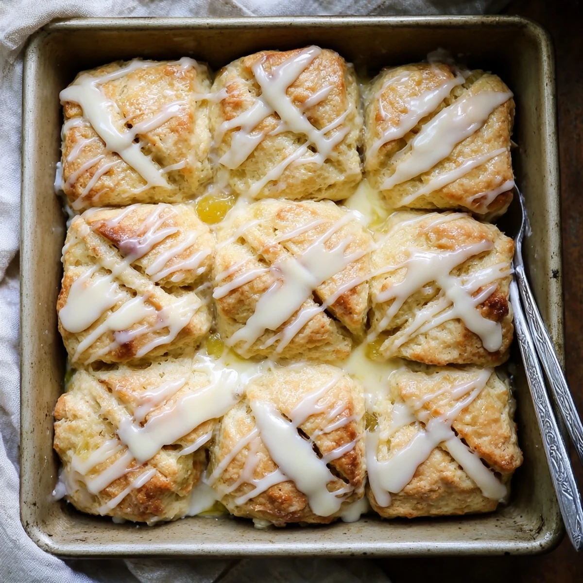 Nine fluffy swim biscuits swimming in peach preserves finished with sweet vanilla icing glaze