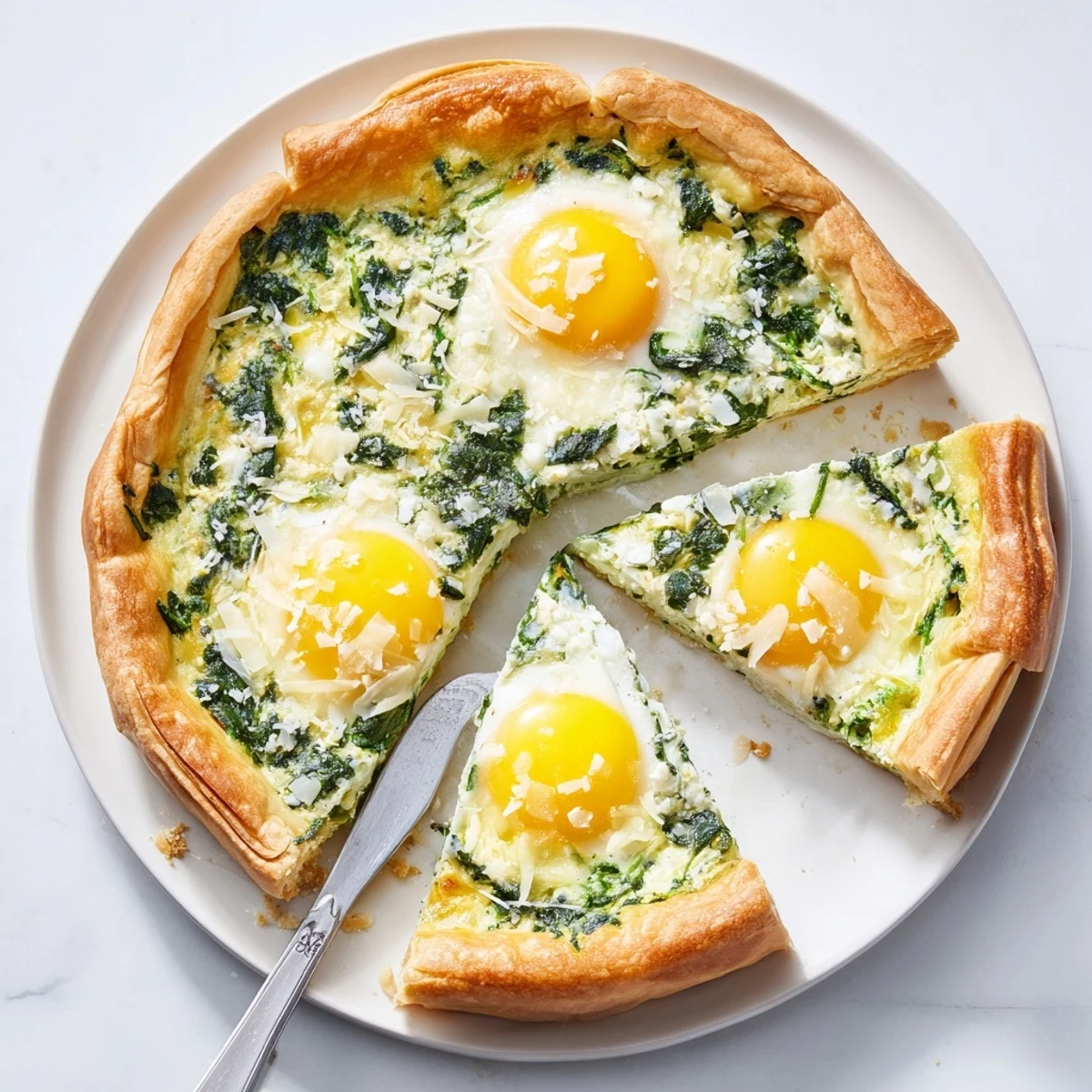 Golden Easter Tart sliced on white plate revealing creamy ricotta spinach filling with whole egg yolks