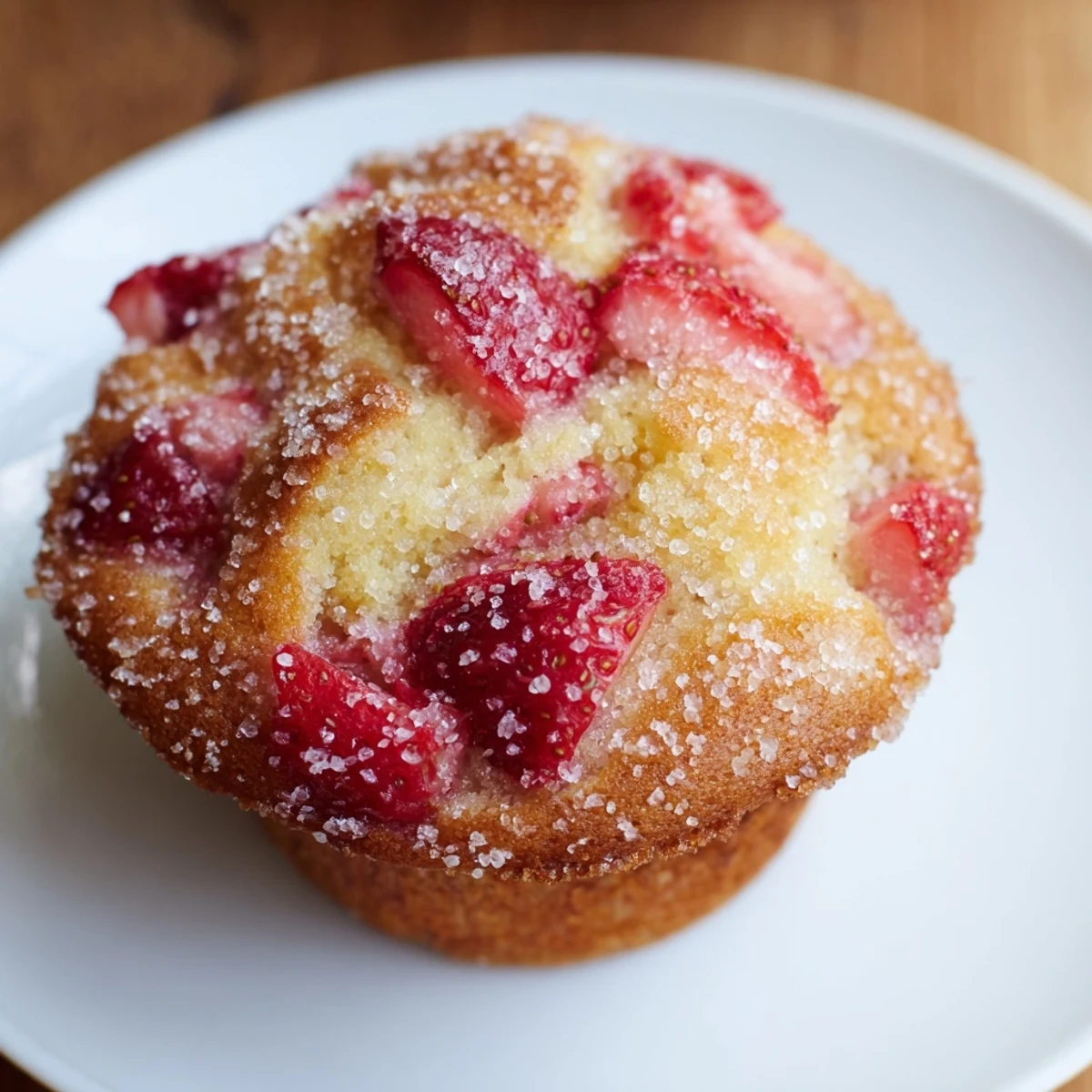 Golden bakery style fresh strawberry muffins topped with sparkling sugar and juicy red berry pieces