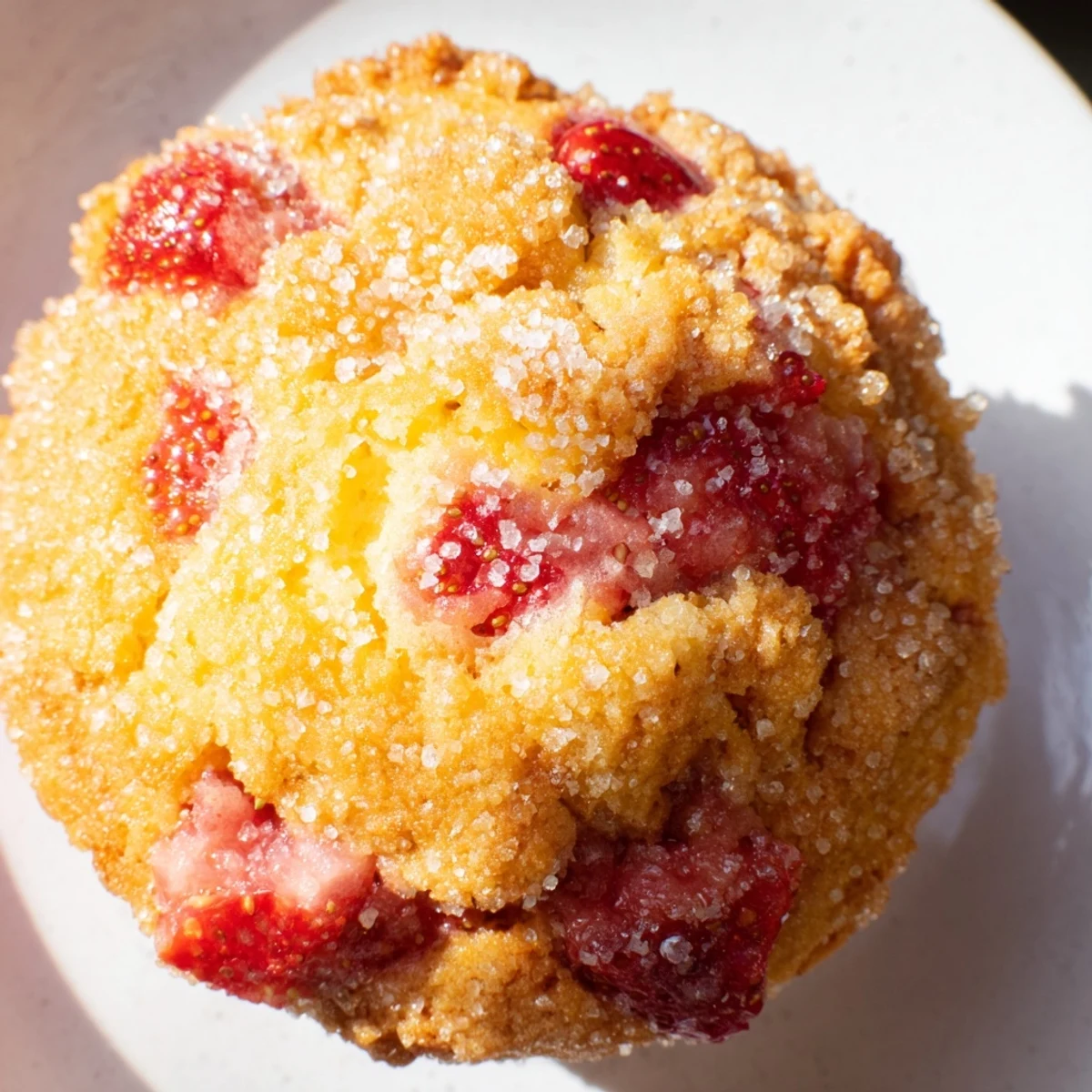 Moist fresh strawberry muffins bursting with diced fruit and crunchy coarse sugar topping