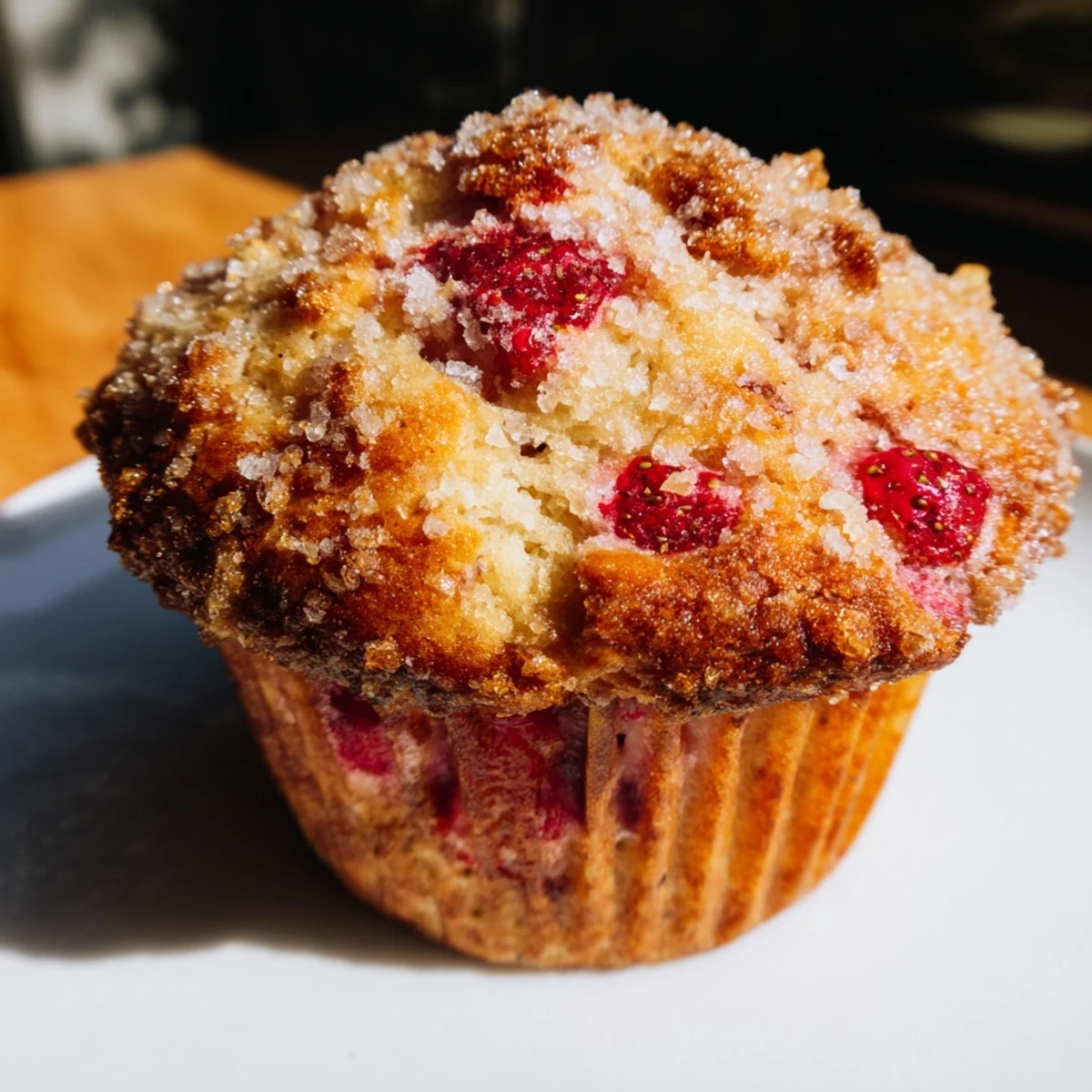 Fluffy bakery style fresh strawberry muffins with golden brown tops and sweet vanilla glaze finish