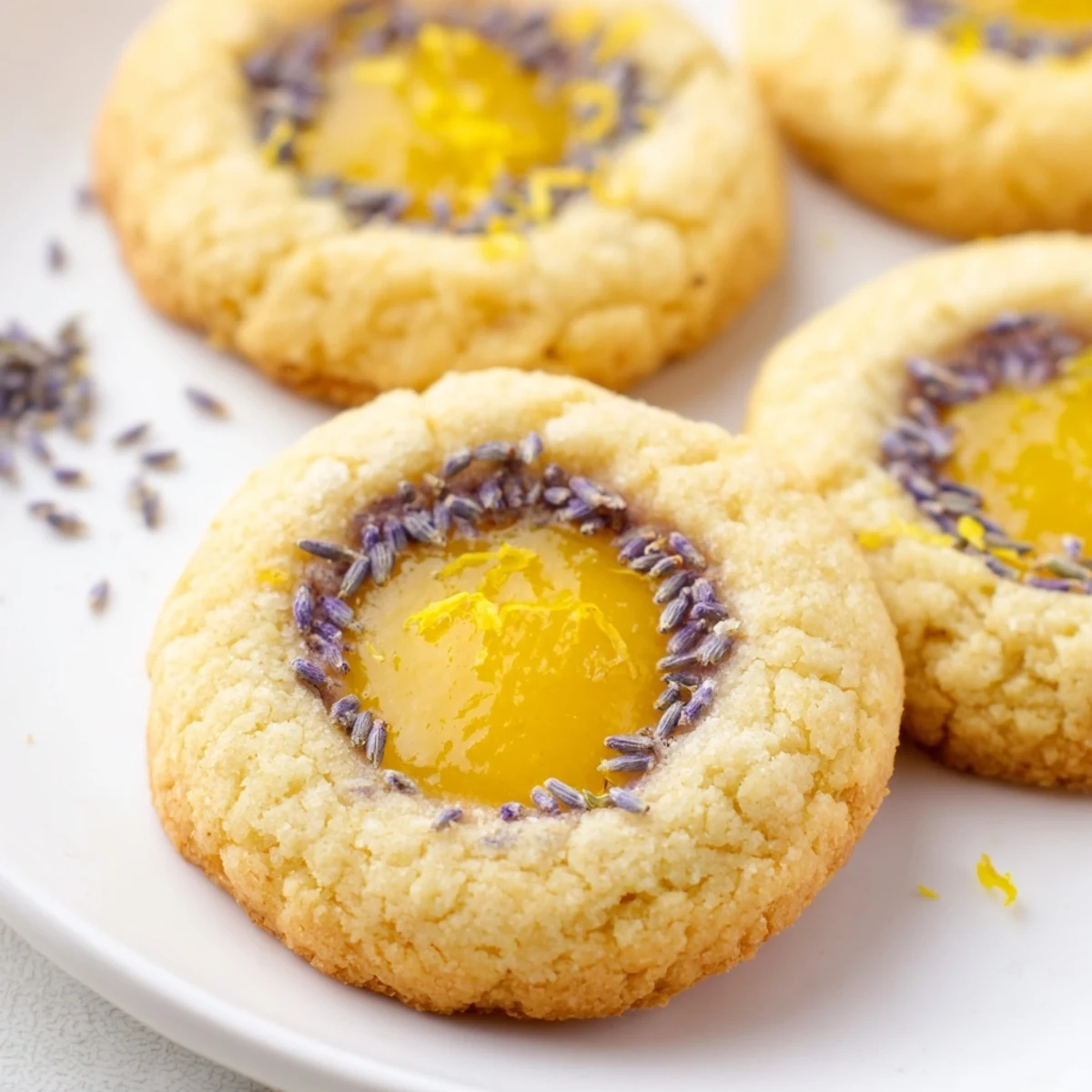 Golden Lemon Lavender Thumbprint Cookies filled with bright lemon curd on a white baking sheet