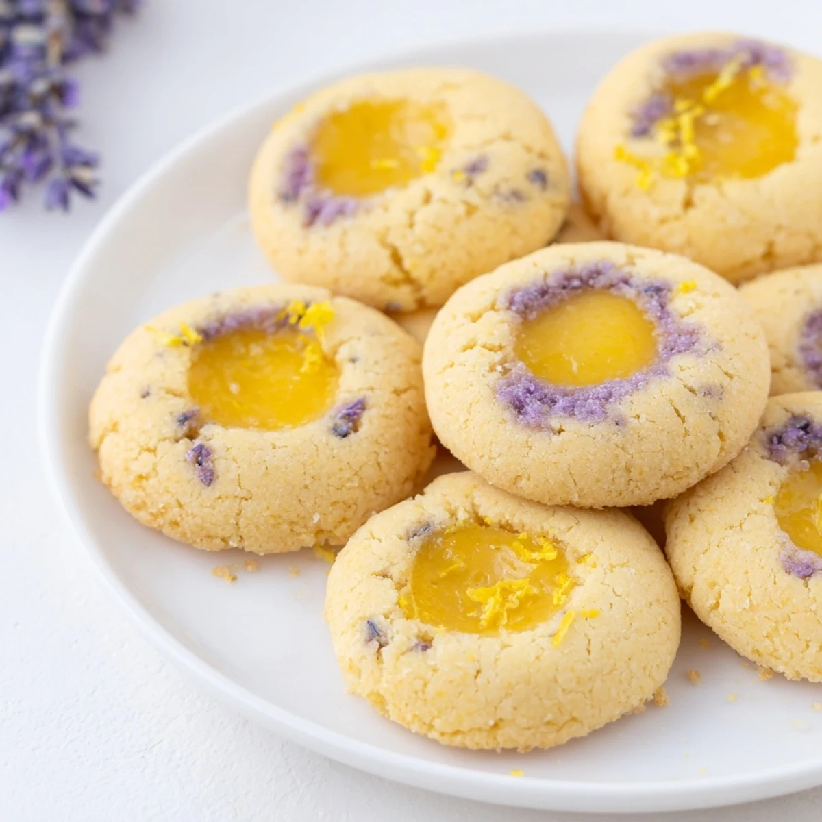 Buttery thumbprint cookies with floral lavender and sweet lemon center cooling on wire rack