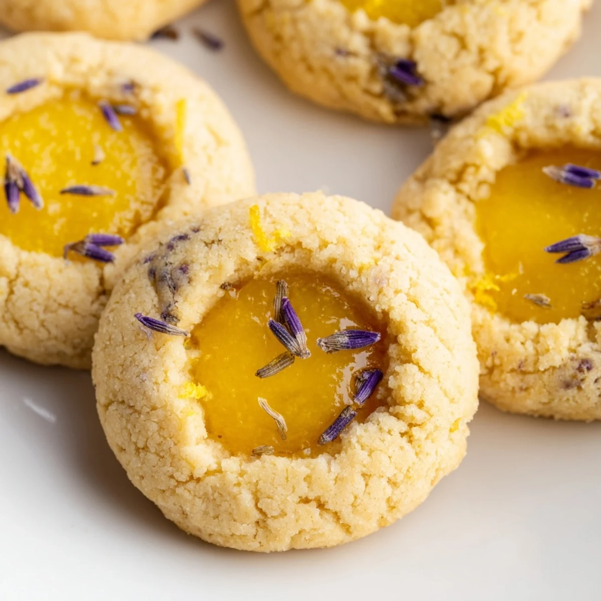 Close up of soft Lemon Lavender Thumbprint Cookies with golden edges and tangy curd filling