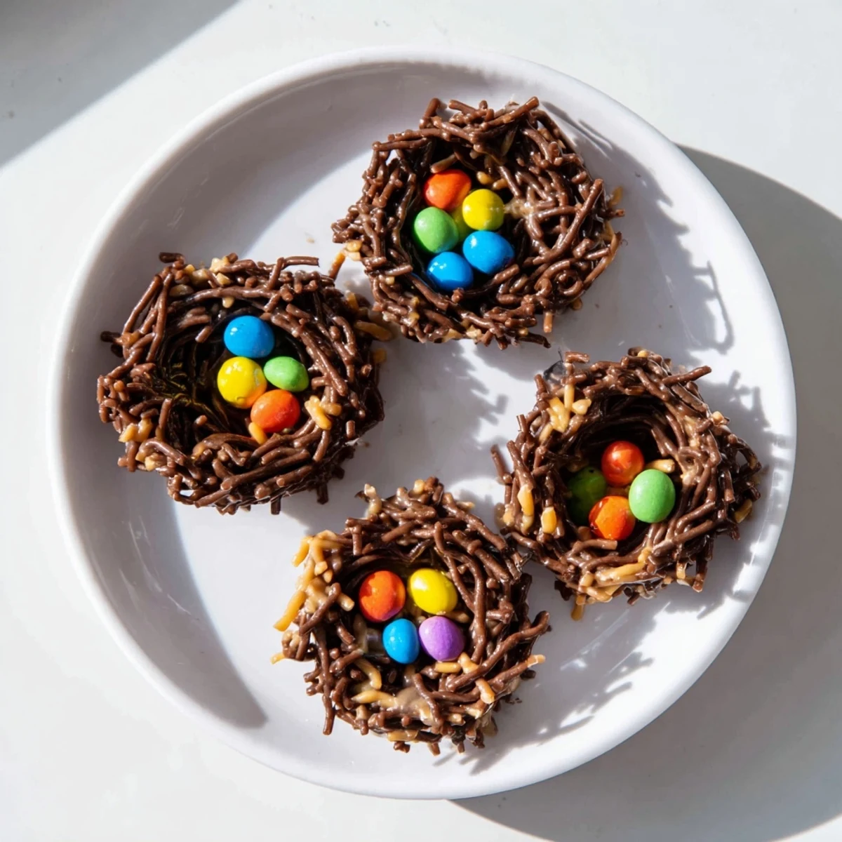Chocolate peanut butter no bake birds nest cookies filled with pastel egg candies arranged neatly