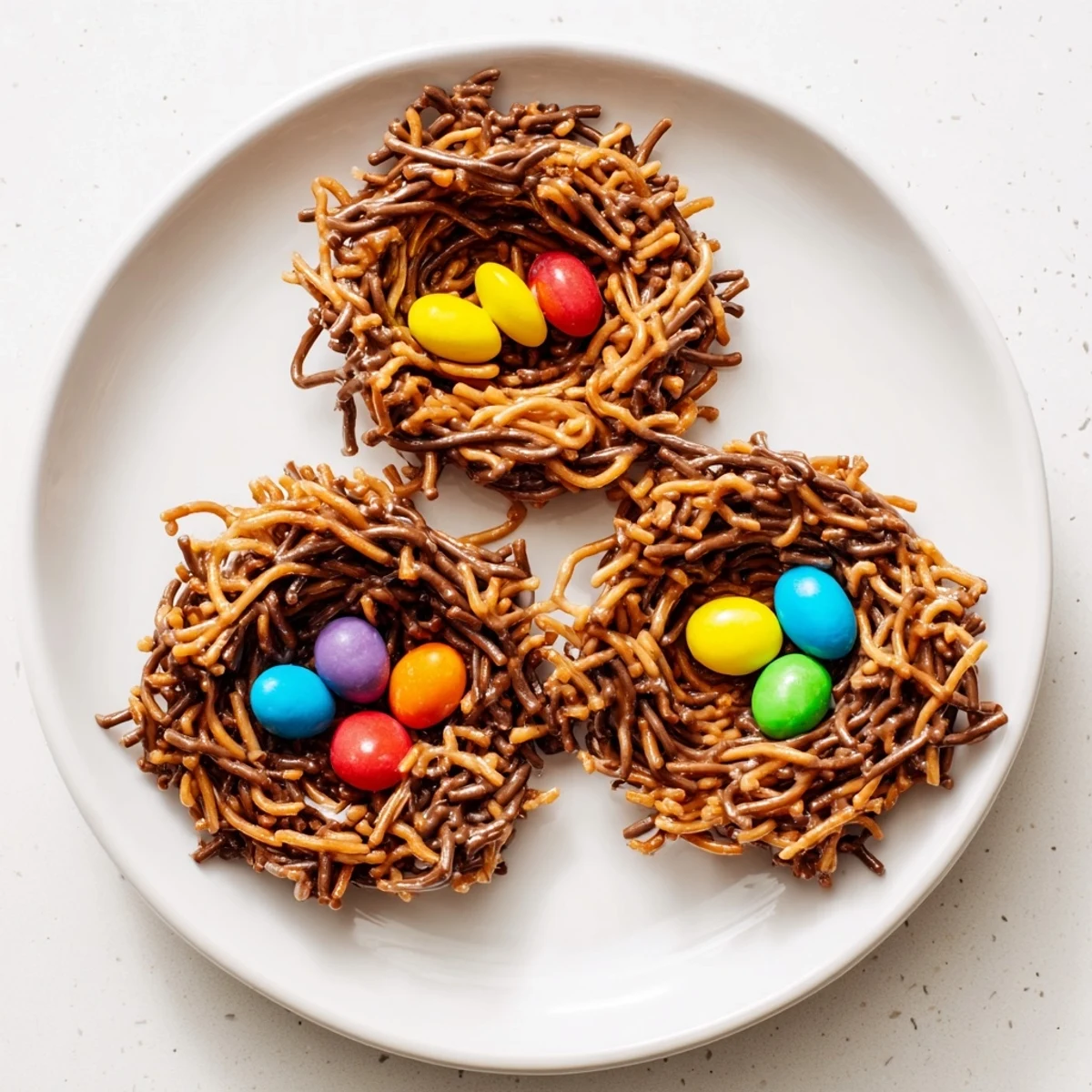 Crunchy chow mein noodle no bake birds nest cookies decorated with speckled chocolate egg treats