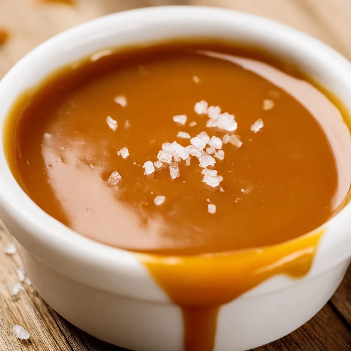 Silky homemade easy caramel sauce pooling on a white ceramic spoon with golden amber highlights