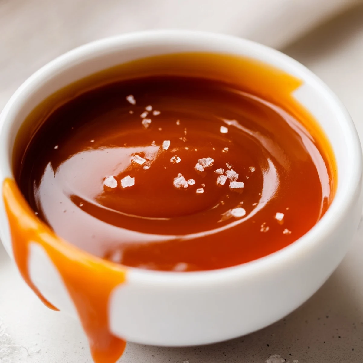 Rich warm easy caramel sauce being poured from a glass jar onto fresh sliced apples