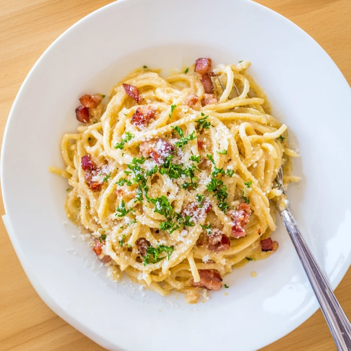 Steaming bowl of ramen carbonara topped with crunchy bacon and fresh parsley garnish