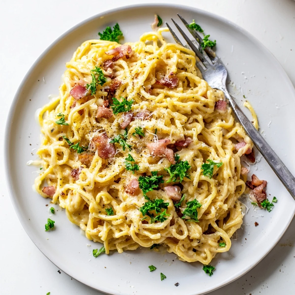 Twisted ramen carbonara noodles coated in rich egg sauce with crispy pancetta pieces