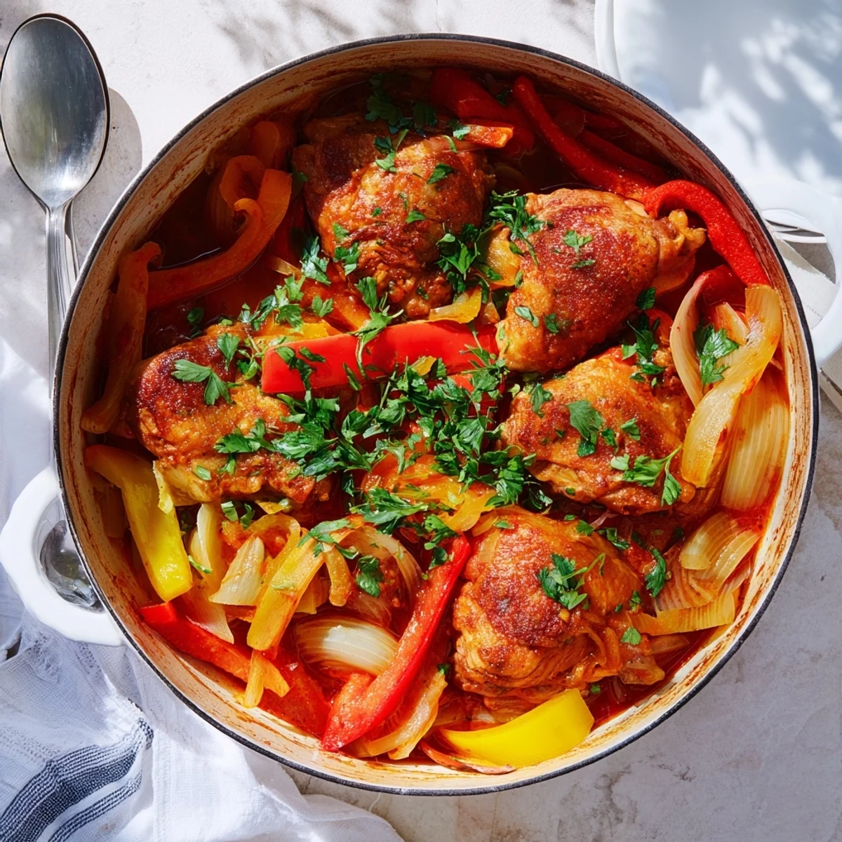 Golden brown Italian braised one pot chicken nestled in rich tomato vegetable sauce with fresh parsley