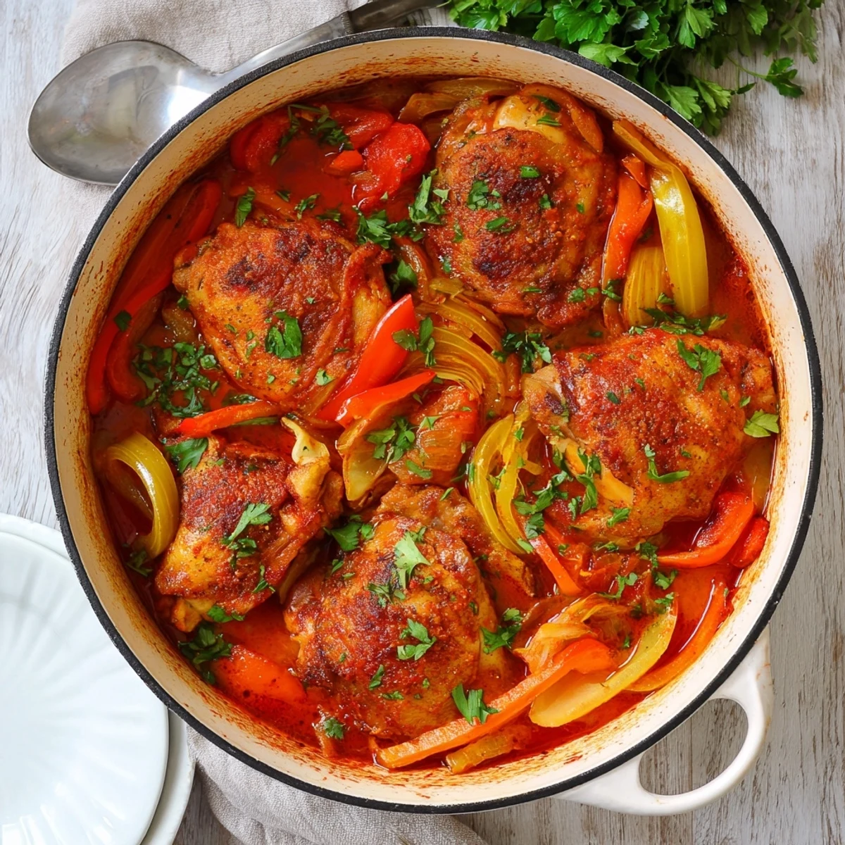 Tender chicken thighs braised slowly with carrots celery bell peppers in savory Italian herbs and tomatoes