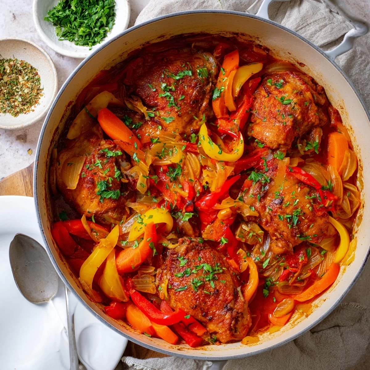 Comforting one pot chicken meal featuring juicy thighs simmered in aromatic tomato broth with garden vegetables
