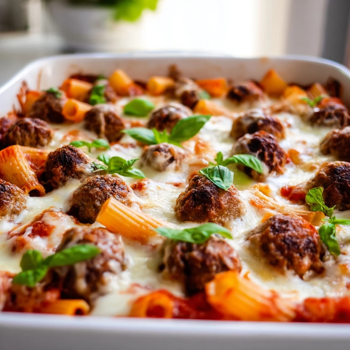Baked penne noodles nestled with juicy homemade meatballs and marinara under a crispy cheesy topping in this Italian meatball pasta bake