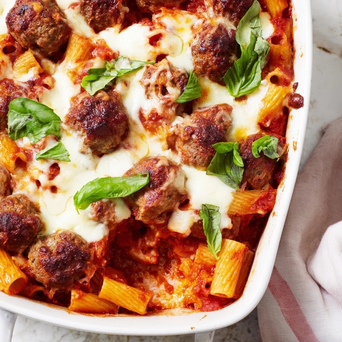 Golden melted mozzarella blankets tender meatballs and pasta in this Italian meatball pasta bake bubbling hot from the oven