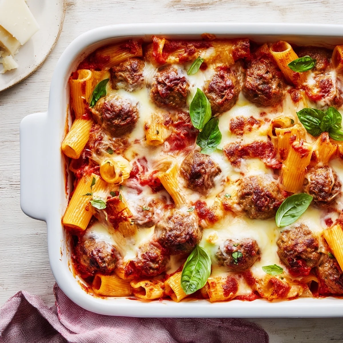 Comforting casserole dish featuring al dente pasta savory beef meatballs and gooey cheese in this Italian meatball pasta bake
