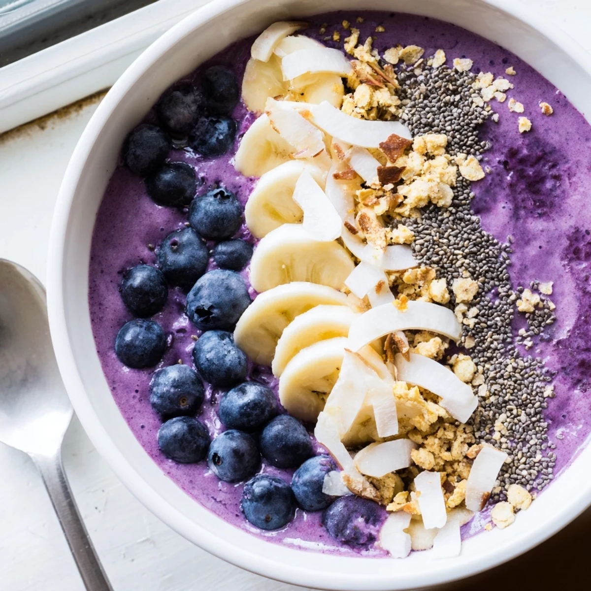 Vibrant blueberry smoothie bowl with Greek yogurt topped with fresh berries, granola, and coconut flakes