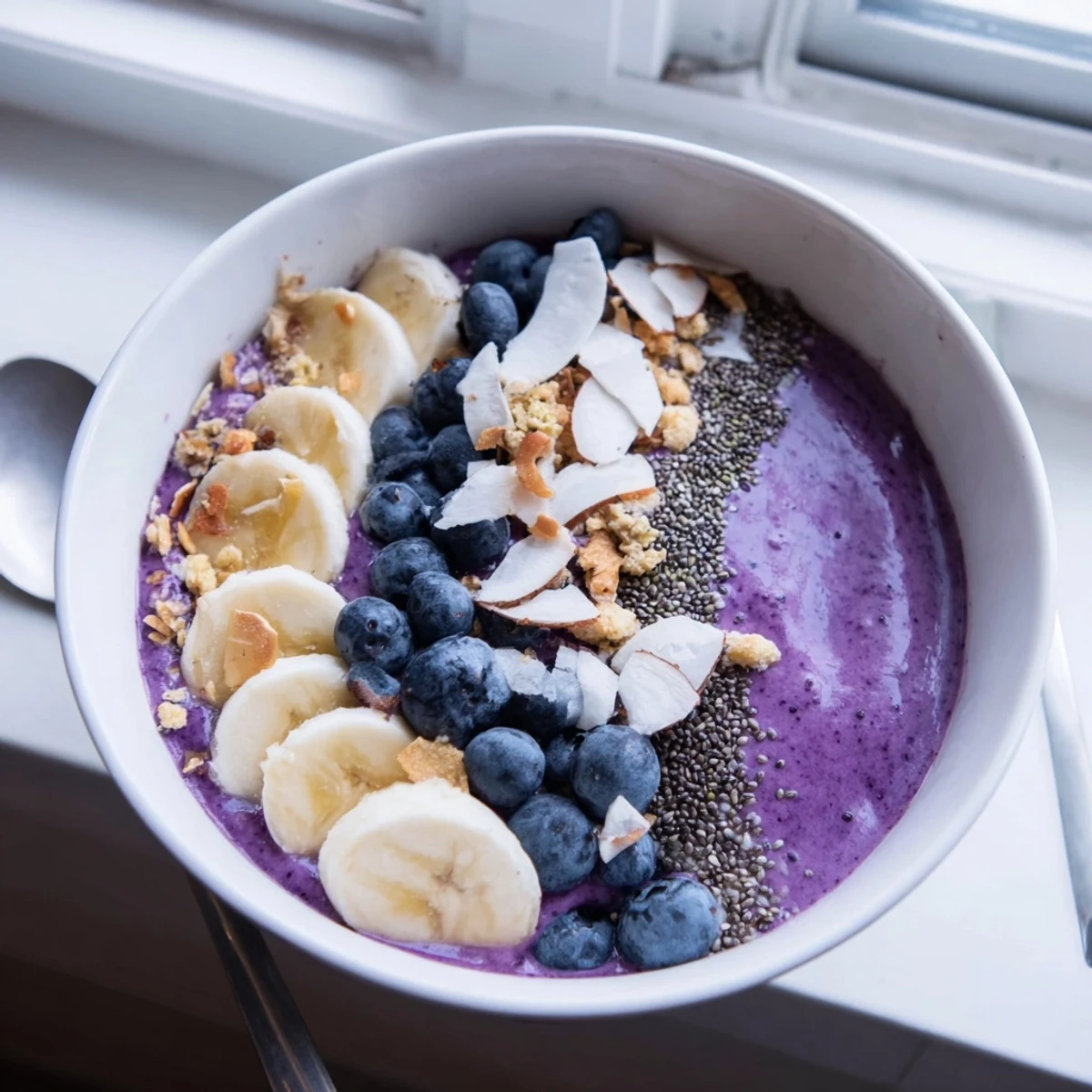 Creamy blueberry smoothie bowl with Greek yogurt arranged with banana slices, chia seeds, and almonds