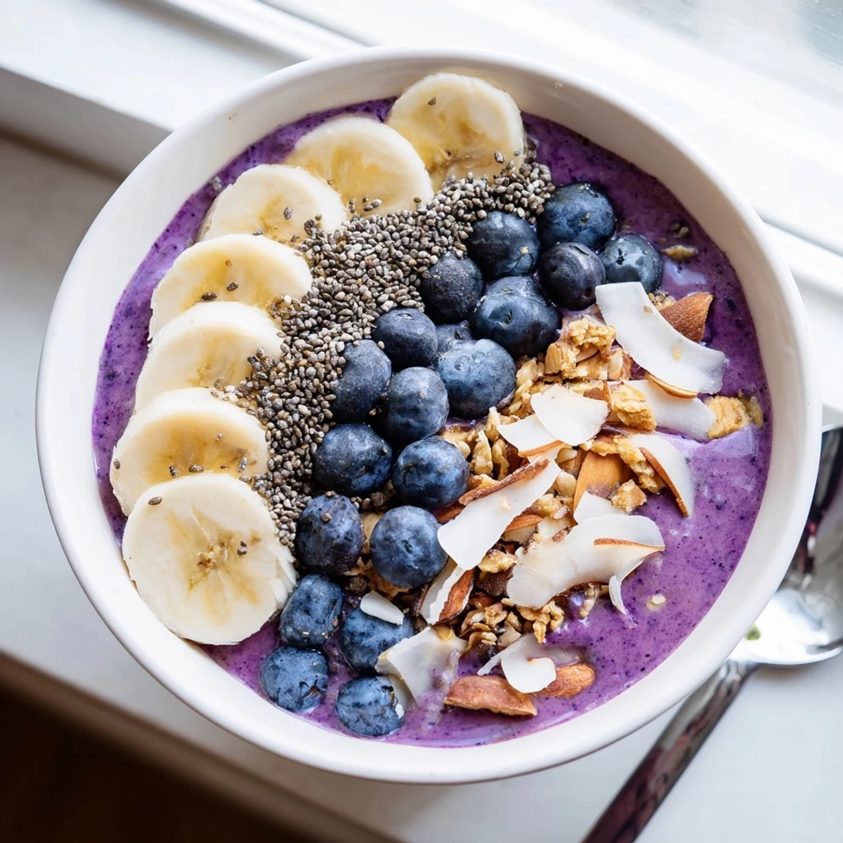 Thick purple blueberry smoothie bowl with Greek yogurt sprinkled with granola and fresh blueberry toppings