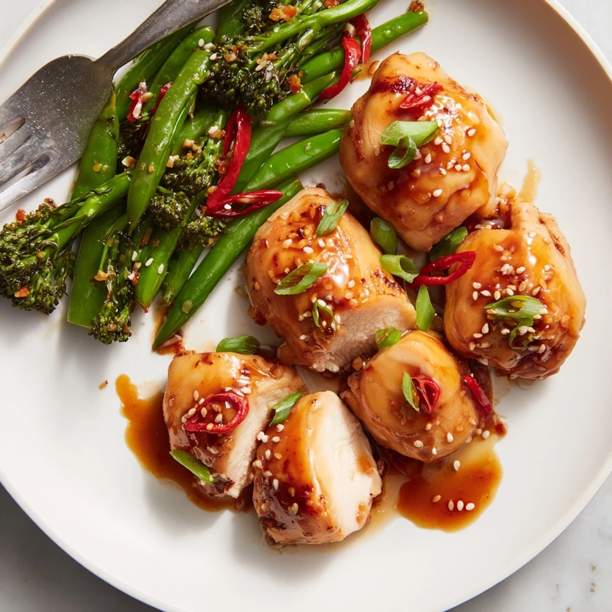 Golden glazed chicken pieces coated in sticky orange sauce over vibrant chili-spiced stir-fried greens