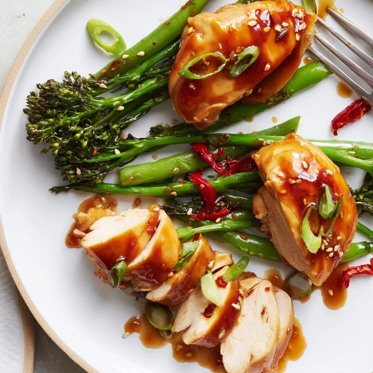 Plate of sticky orange chicken atop spicy greens garnished with sesame seeds and fresh spring onions