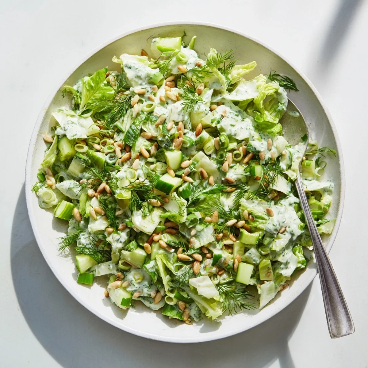 Colorful Green Goddess salad topped with roasted seeds and tangy homemade dressing