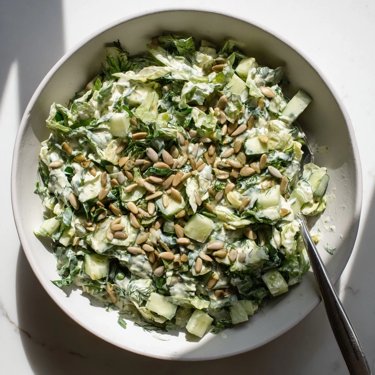 Creamy Green Goddess salad featuring chopped green vegetables drizzled with herbal dressing