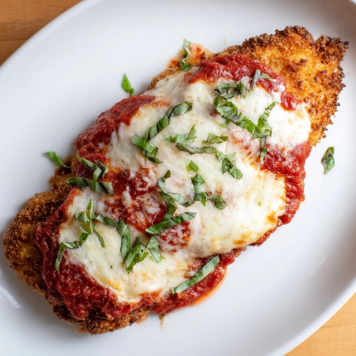 Golden brown low carb chicken Parmigiana topped with bubbling melted moGolden brown low carb chicken Parmigiana topped with bubbling melted mozzarella cheese and rich red marinara sauce