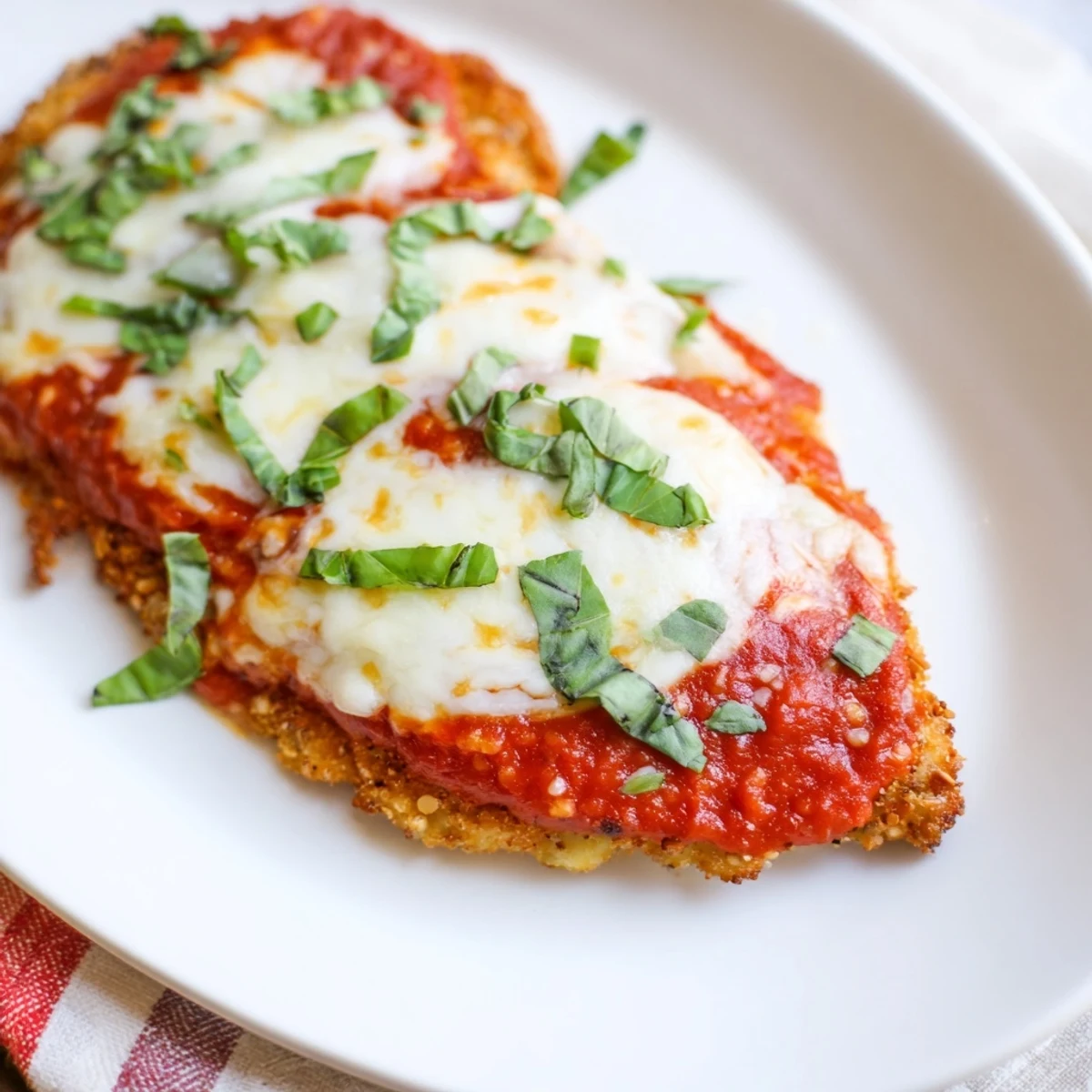 Crispy almond flour crusted chicken Parmigiana baked to perfection with savory tomato sauce and fresh basil garnish