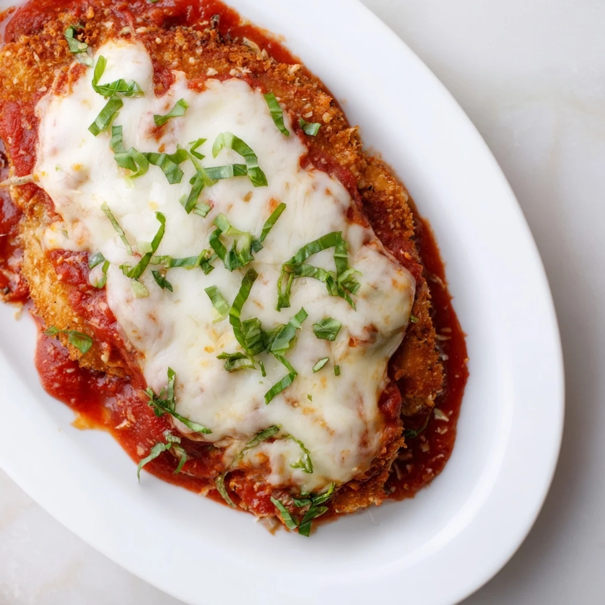 Juicy low carb chicken Parmigiana breast smothered in marinara and gooey mozzarella on a white serving plate