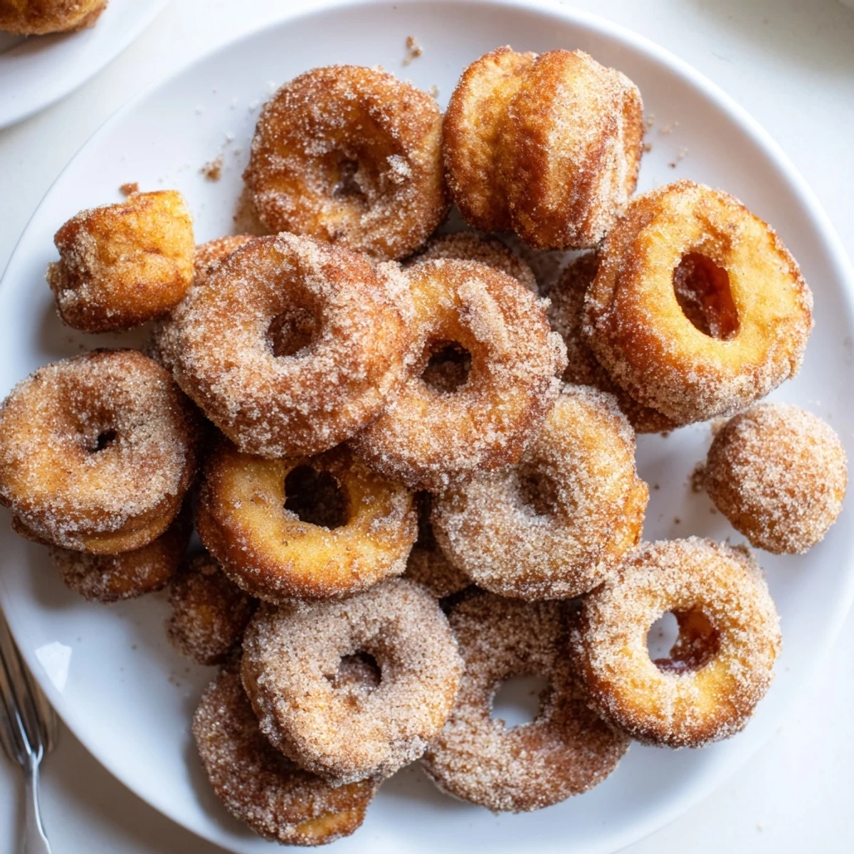 Golden pumpkin spice biscuit donuts coated in cinnamon sugar, served on a white plate.