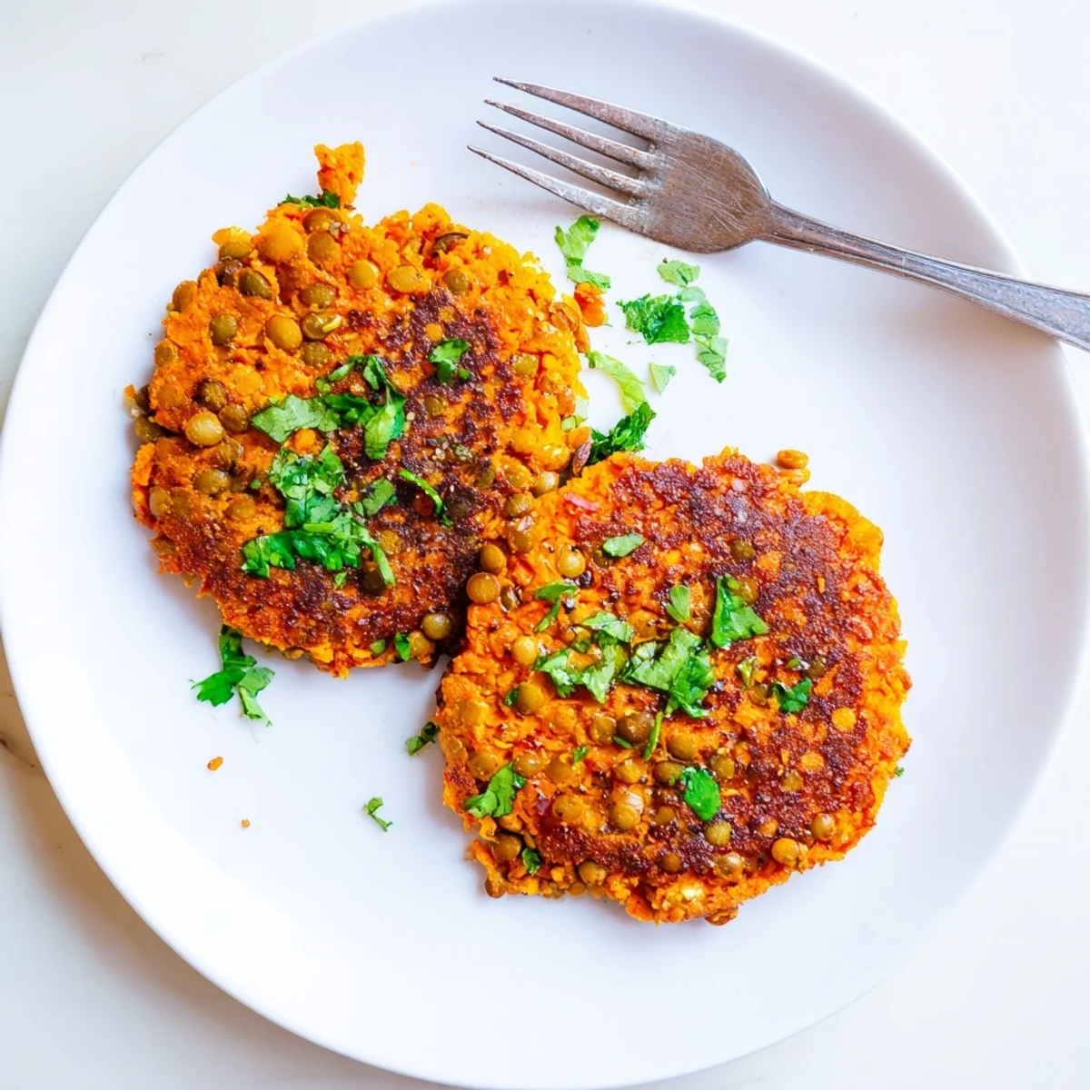 Golden brown sweet potato patties with lentils served on a white plate with fresh herbs