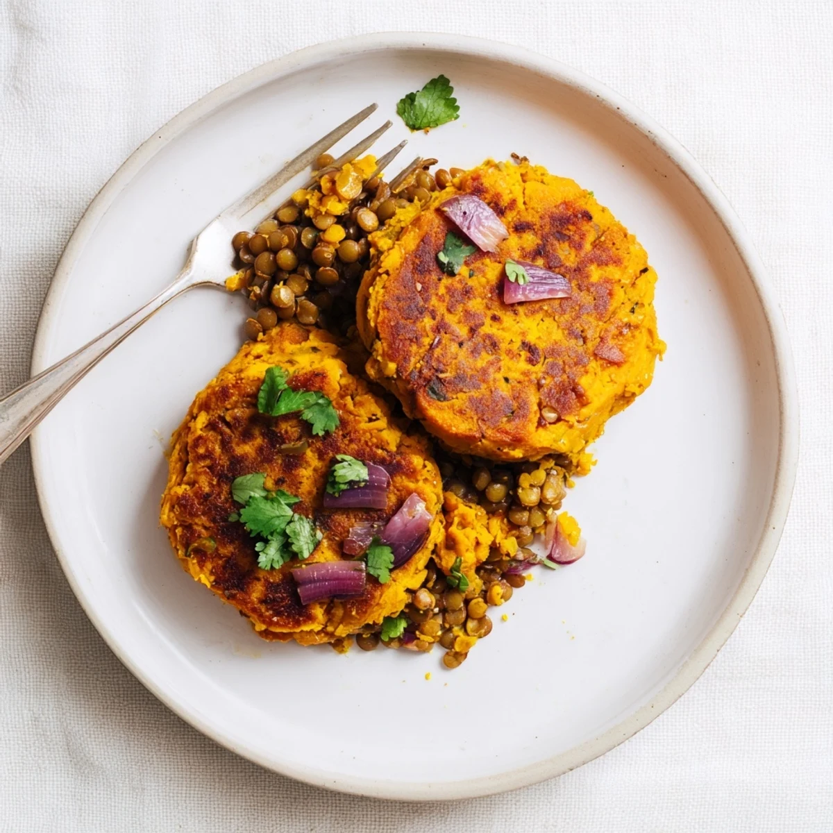 Crispy vegetarian sweet potato patties with lentils pan-fried to perfection on a wooden board
