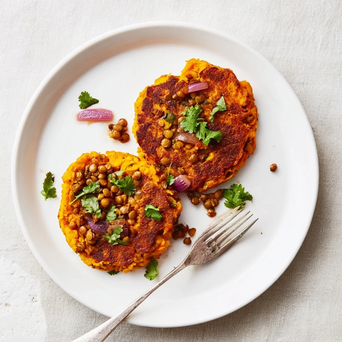 Hearty sweet potato and lentil patties arranged on a platter with yogurt dipping sauce