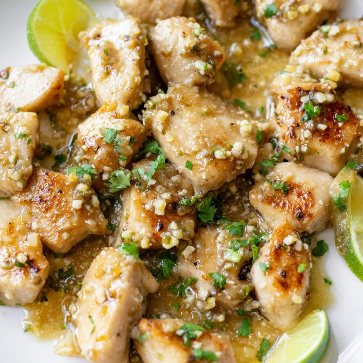 Juicy chicken in a fragrant ginger garlic coconut lime sauce topped with vibrant cilantro and bright lime zest