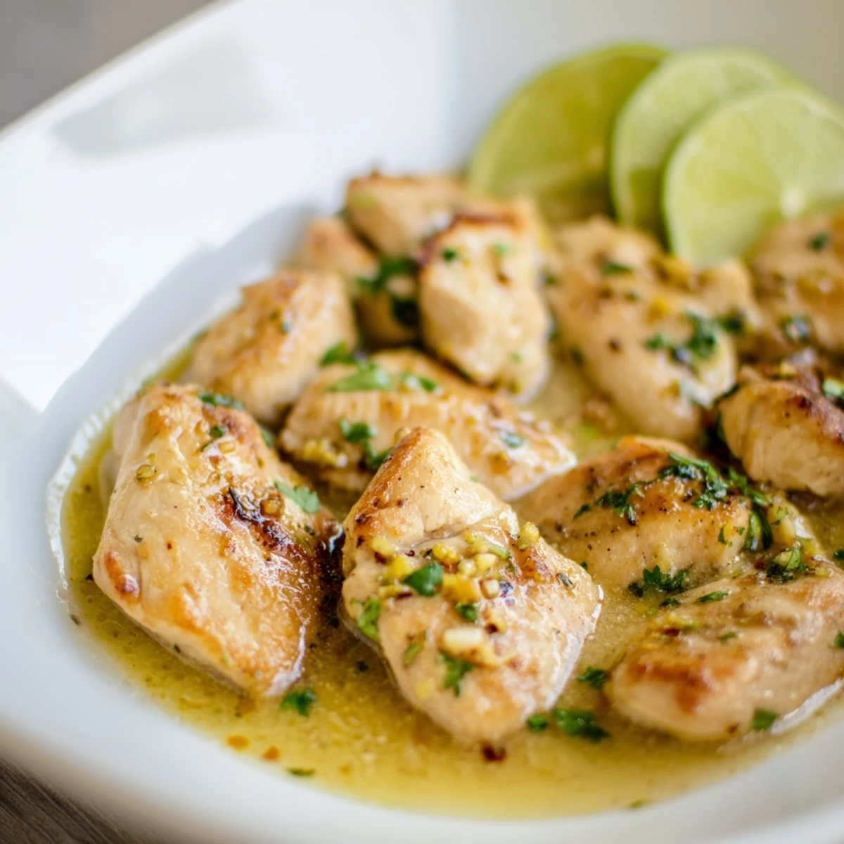 Tender Coconut Lime Chicken served on a white plate drizzled with thick tropical coconut milk and lime wedges