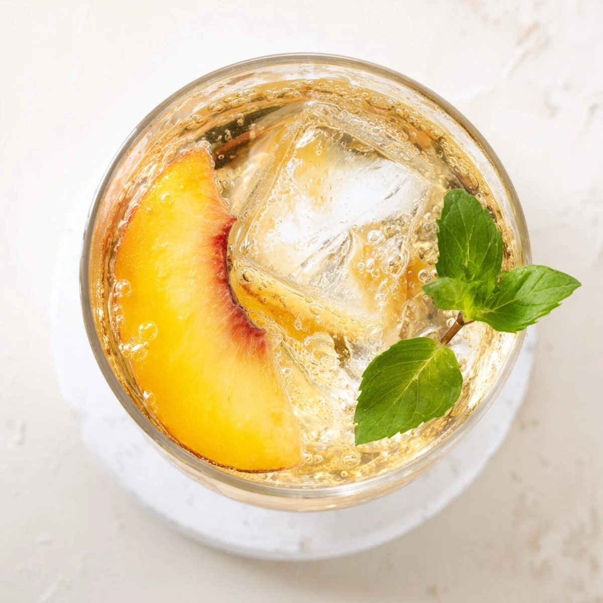 Ginger Peach Sparkler in chilled glass with fresh mint garnish and ice