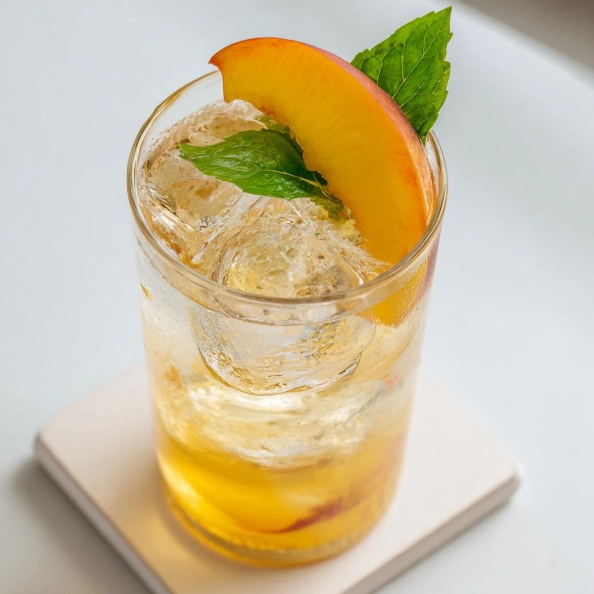 Refreshing summer drink featuring ripe peaches and zesty ginger in tall glasses