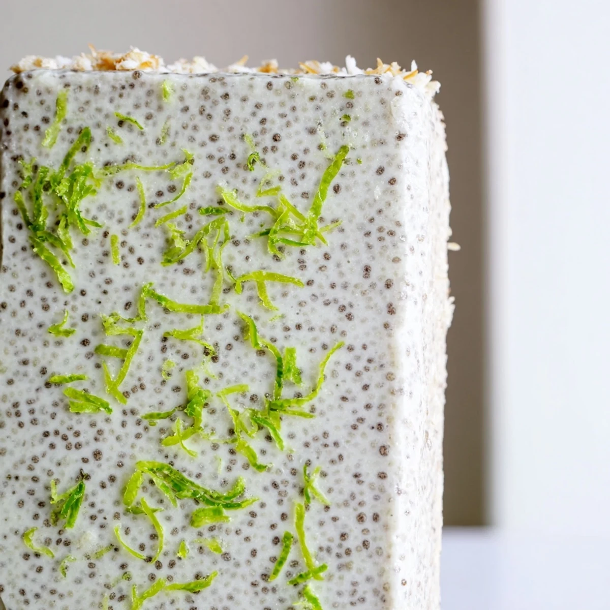 Square sliced dessert featuring tangy lime chia layer over coconut almond crust with snowy coconut garnish