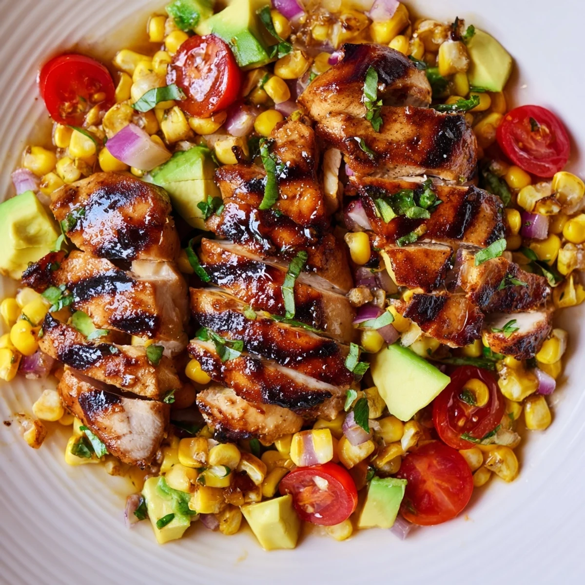 Grilled hot honey chicken glazed with spicy sweet honey served over vibrant corn salad with tomatoes and avocado