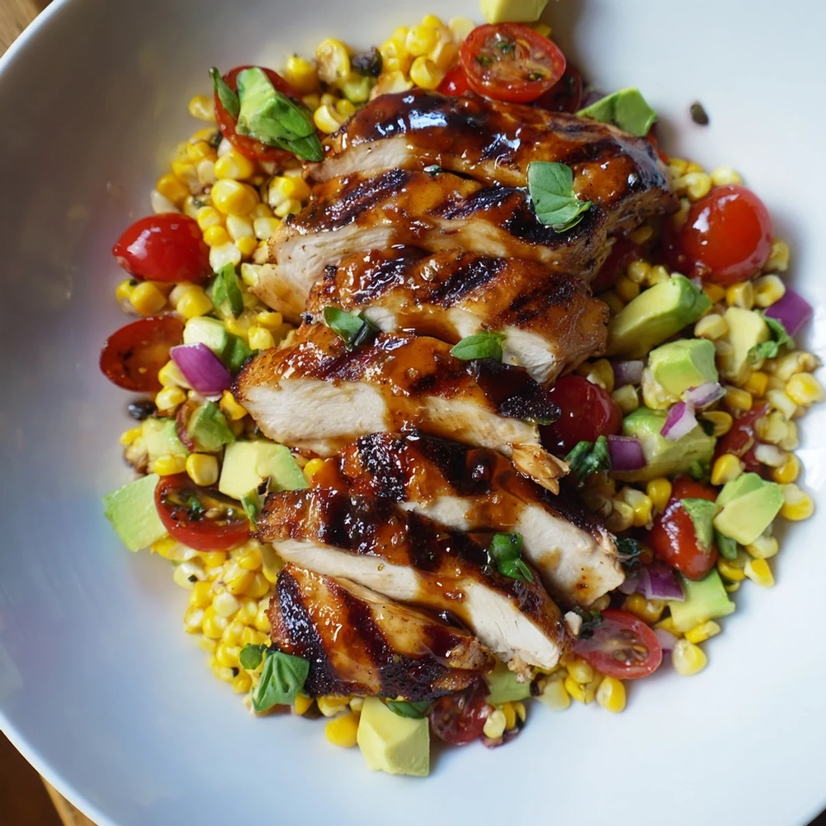 Juicy chicken breasts brushed with hot honey glaze atop a refreshing sweet corn salad with lime and herbs