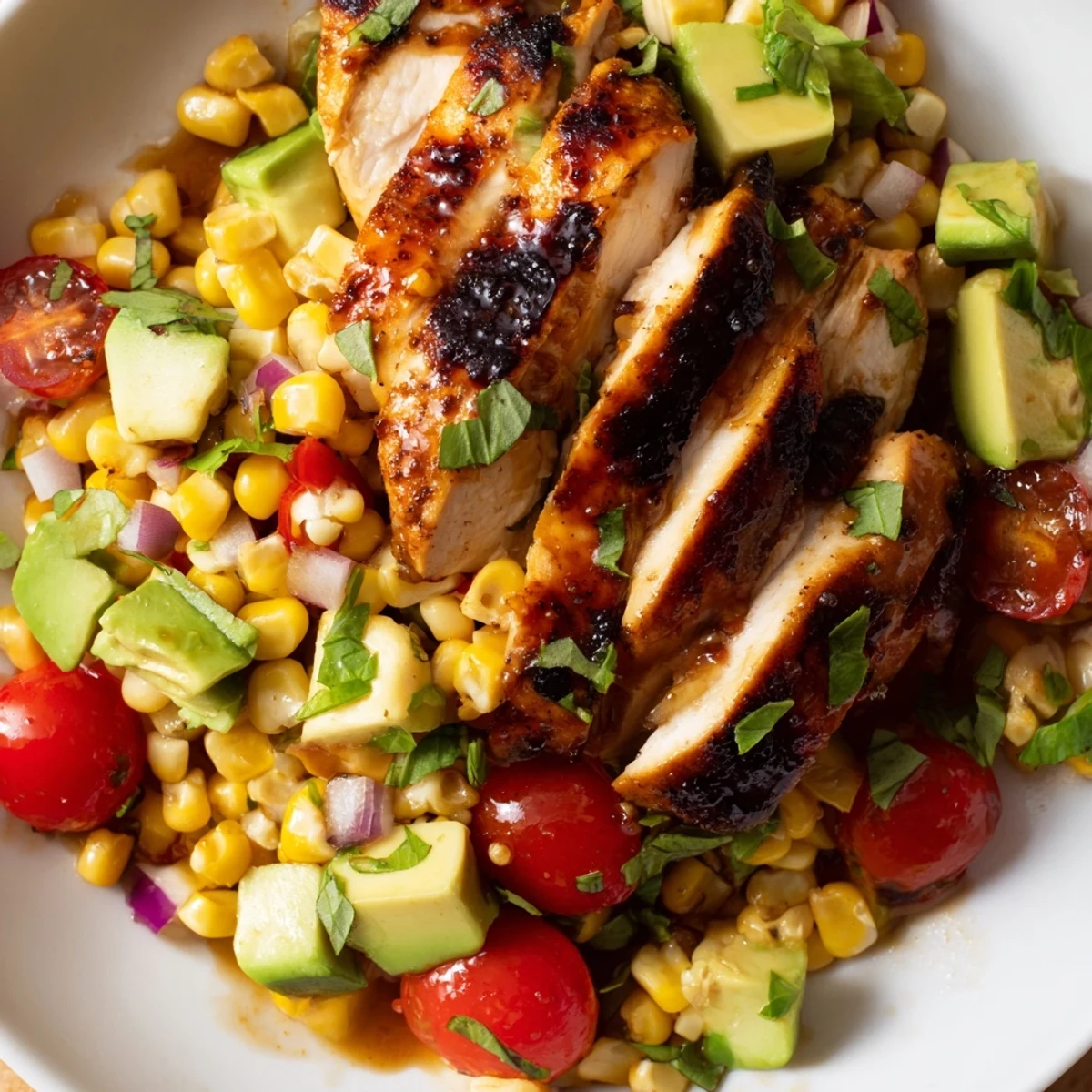 Plate of grilled hot honey chicken slices garnished with fresh herbs beside colorful corn salad with avocado chunks