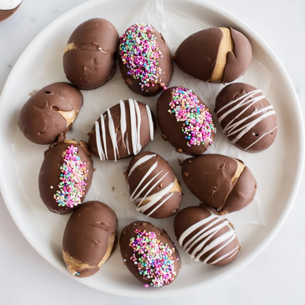 Handmade peanut butter Easter eggs coated in glossy dark chocolate on a white plate