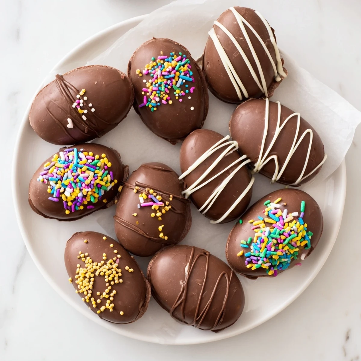 Creamy peanut butter eggs dipped in melted chocolate and topped with pastel sprinkles