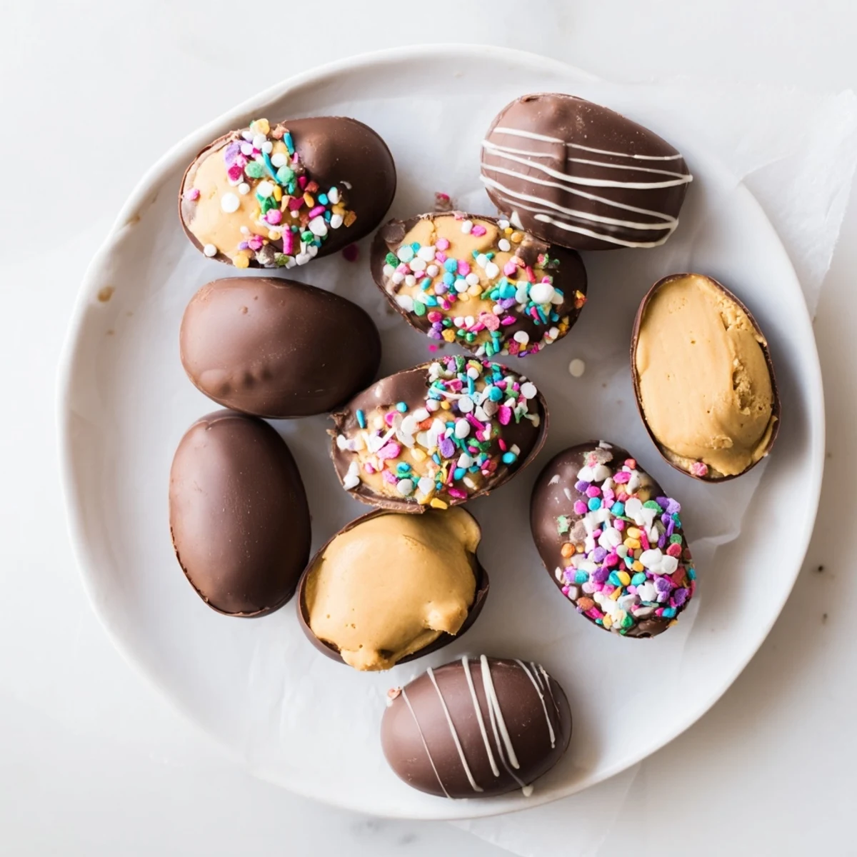 Homemade peanut butter Easter eggs displayed on parchment paper with chocolate drizzle decoration